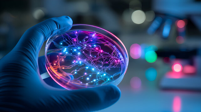 Scientist holding petri dish with glowing neural network in laboratory