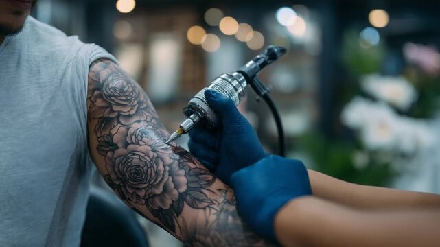 A tattoo machine delicately inscribes floral script on soft skin, with visible needles embedding ink beneath the surface.