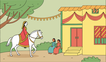 A colorful illustration of a traditional Pakistani village wedding celebration: a beautifully decorated courtyard with marigold flowers, fairy lights, and vibrant drapes. The bride is sitting on a cha