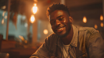 Obraz premium Young man smiling in warmly lit cafe or restaurant