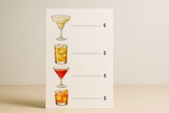 Illustrated drink menu card showing four different colorful cocktails with dotted lines for prices on a clean light wooden surface background. Ai generative