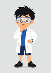 Fototapeta premium Cartoon child scientist boy with lab coat and lab goggles resting chin on hand with confused face