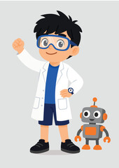 Fototapeta premium Cartoon child scientist boy with lab coat and lab goggles standing proud with small robot
