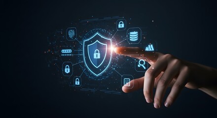 Hand Touching Digital Security Shield with Lock and Data Icons in Futuristic Tech Style