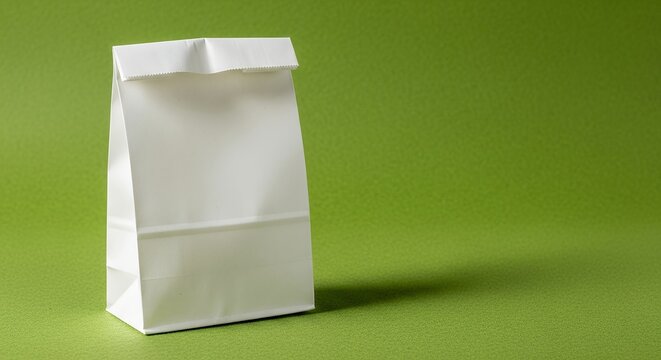 Empty White Paper Bag on Green Background Minimalist Food Packaging Concept Stock Photo