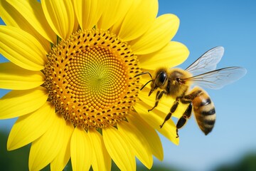 Close-up of bee flying near sunflower with detailed petals and spiral pattern in bright daylight on blue sky background. Ai generative. Ai generative