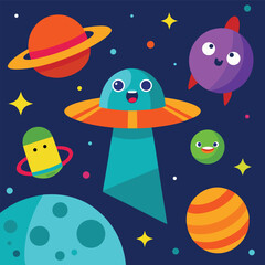 Cartoon space elements illustration, featuring planets, stars, and a ufo on dark blue background