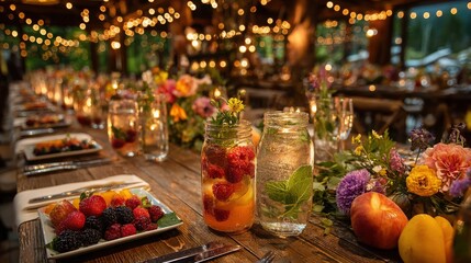 Lively Midsummer Nights Feast Featuring Colorful Fruit Tarts and Herbal Infusions Celebrating Joyful Gatherings and Culinary Creativity