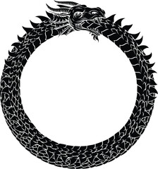 An Ouroboros or Uroboros circle dragon eating its tail circular symbol in a vintage woodcut etching style.