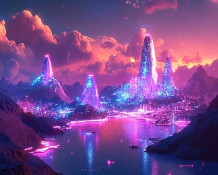 A parallel world where oceans are glowing circuits and mountains are crystal processors under neon skies.