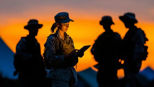 A military medical team unwinds after a long operation, with a female doctor debriefing against a stunning sunset backdrop.