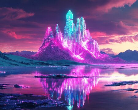 A parallel world where oceans are glowing circuits and mountains are crystal processors under neon skies.