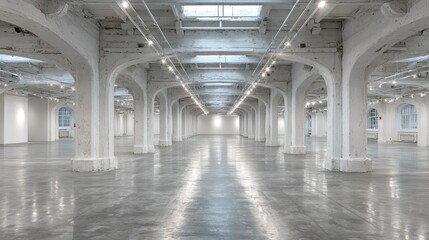 Spacious Industrial Hall with White Arches and Polished Floor