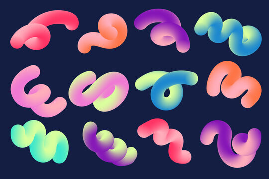 3D gradient abstract shapes. Colored fluid wavy lines. Bright blended holographic elements on dark background. Swirl modern dynamic strokes. Vector trendy splashes