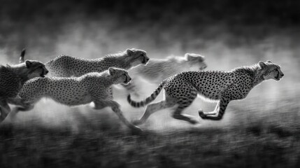 A monochrome image capturing a group of cheetahs in mid-sprint, their spotted coats blurring slightly against a dusty background, showcasing their speed