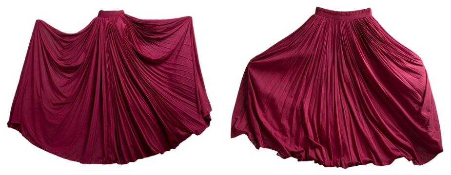 Burgundy Pleated Chiffon Maxi Skirt with Flowing Motion, isolated on a transparent background PNG