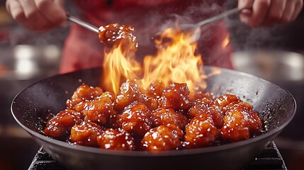 Fiery Asian Cuisine Chefs FlameKissed Chicken with Sesame Seeds in a Wok.