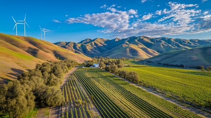 Vast vineyard landscape with rolling hills and wind turbines under a clear blue sky.