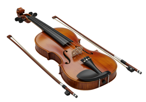 Pristine polished violin with rich brown wood, intricate grain, and a dark pernambuco bow, on a seamless transparent background. Luxury musical instrument concept