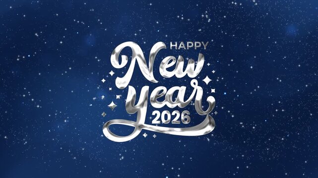 Happy new year 2026 animation in silver lettering against a starry background. Perfect for new years eve party invitations or social media posts.