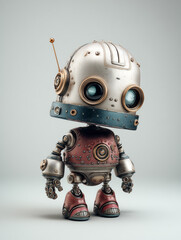 Cute Cartoon Robot with Big Eyes and Antenna Standing on White Background
