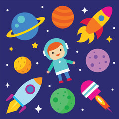 Colorful space elements with astronaut, planets, and rockets on a dark blue background for kids design