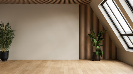 Minimalist empty room with wooden floor, neutral walls, indoor plants and natural skylight, perfect for design mockups and creative projects. 3D render. © leymandesign