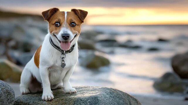 Beach setting with happy Jack Russell Terrier on Beach at Sunset representing jack russell terrier, beach, sunset, happy dog, playful, ocean