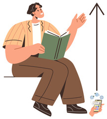 Man engaged in reading a book, upward arrow symbolizing growth, hand with smartphone depicting knowledge sharing. Ideal for education, learning, self-improvement, career growth, strategy, innovation