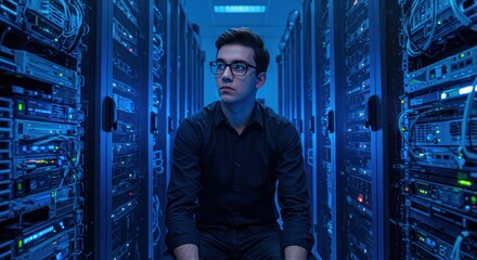 A young man sits amidst rows of servers, contemplating their function in a data center.