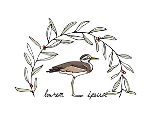 Vector card with hand drawn cute Thick-knee in graceful floral arch. Beautiful animal design elements, ink drawing, logo template