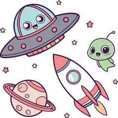 Cute cartoon planets, rocket and alien isolated on white background in a playful and whimsical style