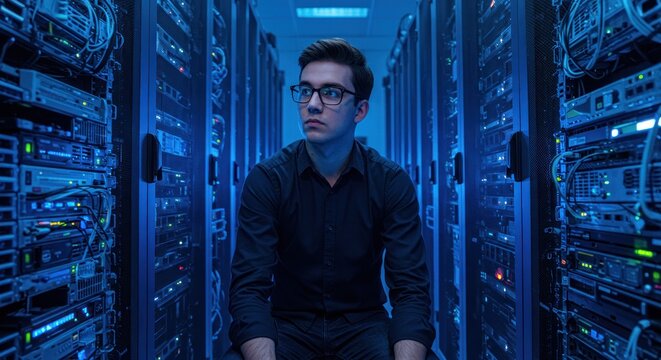 A young man sits amidst rows of servers, contemplating their function in a data center.