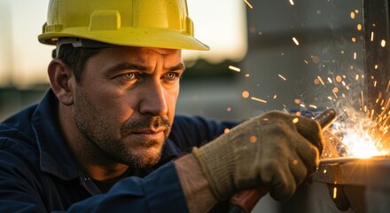 A construction worker welding metal, sparks flying, focused on the task at hand.