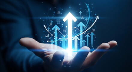 Futuristic business concept with glowing upward arrow hologram projected from hand, symbolizing growth and innovation in technology