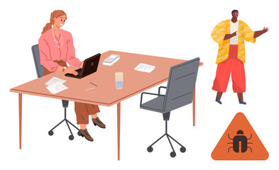 Woman working on laptop at desk, coworker explaining with gesture, bug warning symbol. Ideal for cybersecurity, communication, teamwork, problem-solving, IT, workplace collaboration flat metaphor