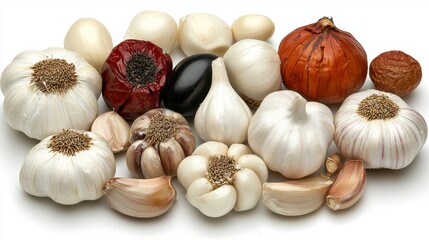 Fototapeta premium Collection of White and Reddish Brown Garlic Bulbs and Cloves on White Background, Generative AI