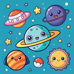 Cute cartoon planets and stars in space vector illustration of galaxy on blue background