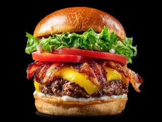 Delicious burger stacked layers of beef patty, cheese, bacon, tomato, and lettuce, nestled in a glistening bun, against a stark black background
