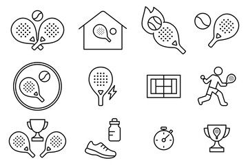 Padel sport line icons set with rackets, court, player and equipment in minimal outline style, black stroke symbols for app interface, sport club branding, fitness and tournament collection