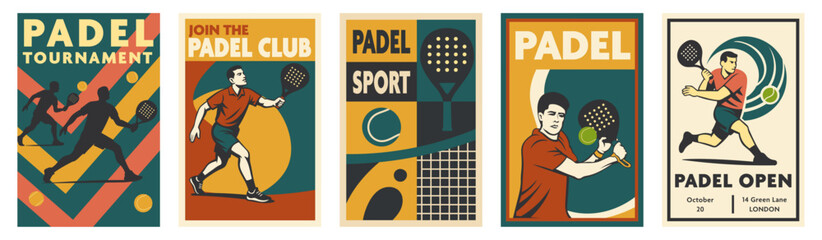 Padel sport retro posters collection with tennis players, rackets and balls in vintage geometric style, tournament and club advertising banners, typography sport design for events and promotion