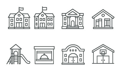 Simple outlines of community buildings and recreational spaces on a gradient background