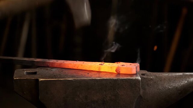 Hammering Hot Metal on an Anvil in a Dark Workshop During the Daytime at the Blacksmith Shop