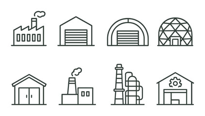 Industrial building icon set: factories, warehouses, and refineries