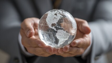 Man in a grey suit carefully holds a glass globe depicting the Americas in his open hands, focused on the world