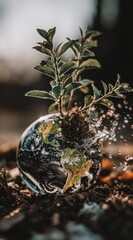 Obraz premium Earth image, half-submerged in soil with sprouting plant and cascading water. Focus on Earth. Serene image. Soft lighting, natural setting