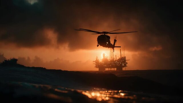 Helicopter Approaching Oil Rig at Sunset Over Ocean Waves, Dramatic Sky with Dark Clouds and Vibrant Colors, Industrial Scene of Energy Production