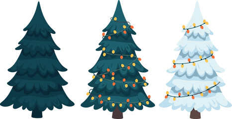 Cartoon Christmas trees set with holiday lights, decorated pine tree illustrations, festive winter evergreen, colorful string light decorations