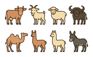 Cartoon farm and exotic animals: cow, goat, sheep, buffalo, camel, llama, alpaca, donkey