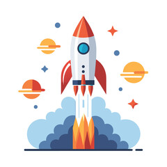 Fototapeta premium Illustration of a rocket launching into space with planets and stars isolated on white background startup concept